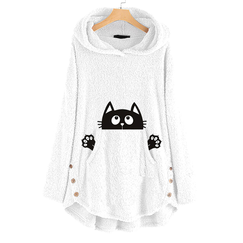 Cat Printed Terry Fleece Hoodies